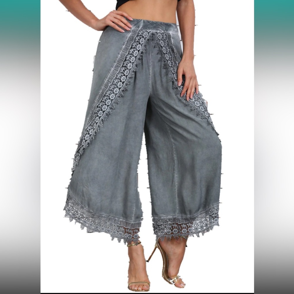 NWT Simply Couture Layered Lace Trim Wide Leg Flowy Boho Pants XL - Picture 2 of 10